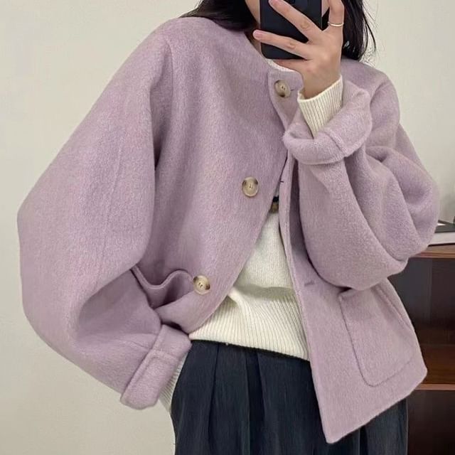KUMI-Crewneck Button-Up Plain Jacket