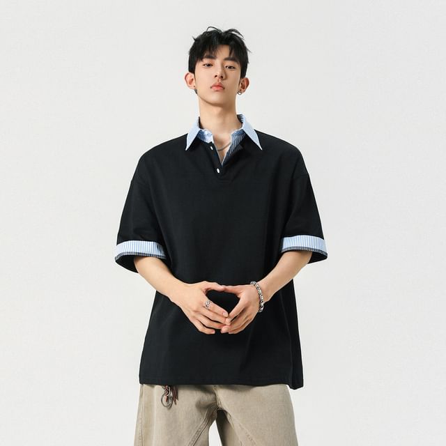 Omozando-Short Sleeve Collared Striped Mock Two Piece Half Placket Top