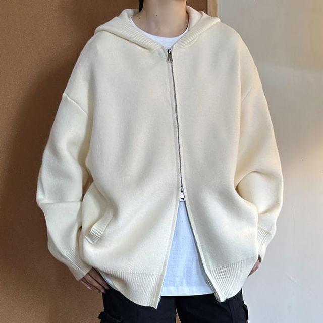 ROOSE-Plain Hooded Zip Cardigan