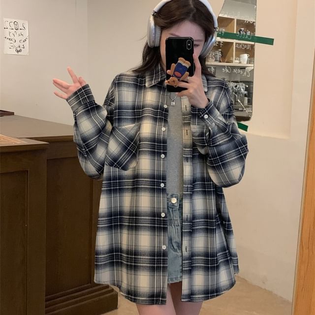 Sienne-Long Sleeve Collared Plaid Button Down Shirt