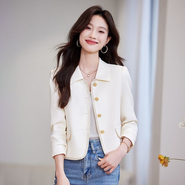 Skyheart-Collared Button-Up Tweed Jacket