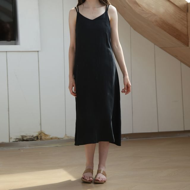 lolliert-Spaghetti Strap V-Neck Plain Open Back Midi Shift Dress