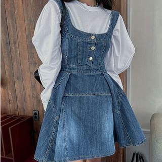 Bakli Sleeveless Scoop Neck Washed Half-Buttoned Denim Mini A-Line Dress Sale