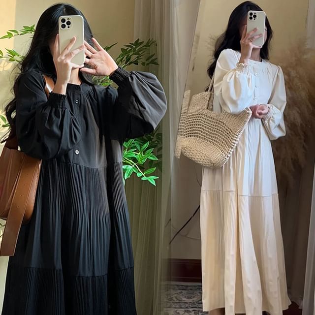 Rosy Street-Maternity Long-Sleeve Round Neck Plain Crinkle Half-Buttoned Maxi Tunic Dress