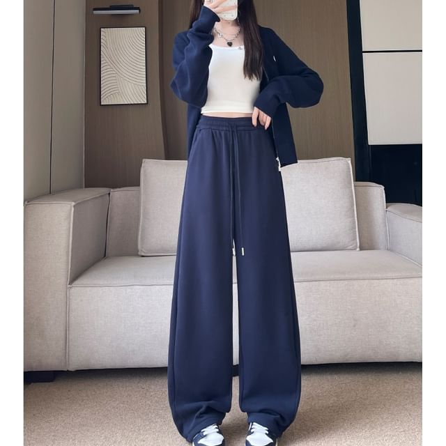 evanesce-Drawstring Waist Plain Baggy Pants