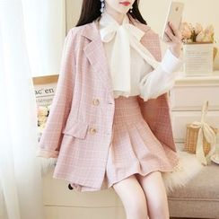 Petit Lace - Tie-Neck Chiffon Blouse + Plaid Blazer + Pleated Skirt / Plaid Blazer + Skirt / Chiffon Blouse / Set Petit Lace - Tie-Neck Chiffon Blouse + Plaid Blazer + Pleated Skirt / Plaid Blazer + Skirt / Chiffon Blouse / Set