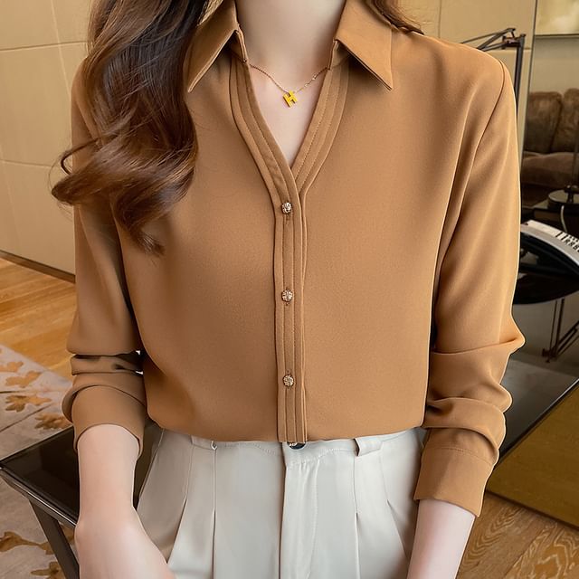 Coline-Long-Sleeve V-Neck Plain Shirt