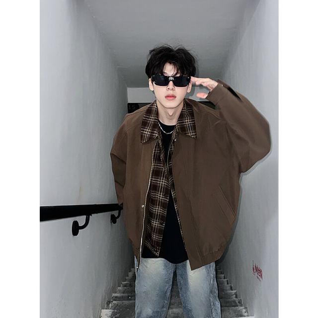 Chuoku-Mock Two-Piece Collar Plaid Panel Zip Jacket