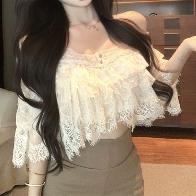 Trendycas-Off-Shoulder Ruffled Crop Lace Blouse