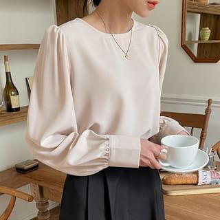 INEN-Long Sleeve Round Neck Plain Blouse