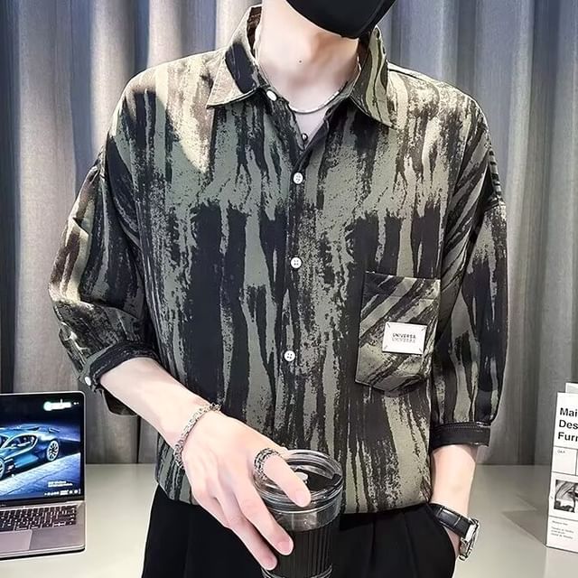 Lingaris-Puff-Sleeve Tie-Dyed Button-Up Shirt