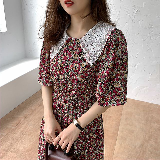 Eden's Corner - Elbow-Sleeve Floral Print Lace Collar A-Line Midi Dress |  YesStyle