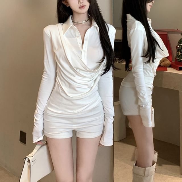Magma-Mock Two-Piece Long-Sleeve Plain Shirt