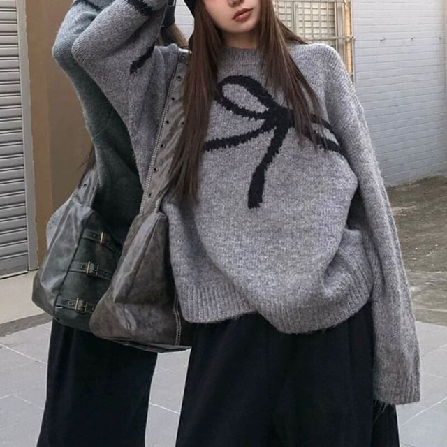 monroll-Crew Neck Bow Print Sweater