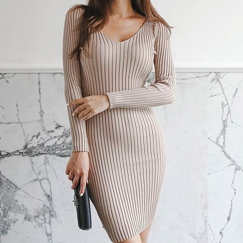 Long-Sleeve V-Neck Ribbed Plain Mini Knit Dress