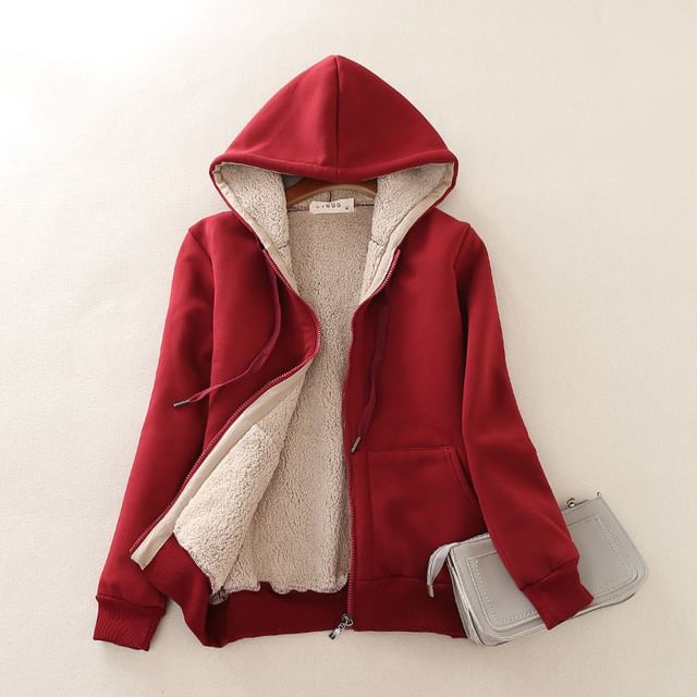 Lewwe-Plain Fleece-Lined Zip Hoodie