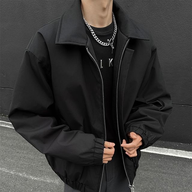 Orungeetun-Collared Plain Zip-Up Jacket