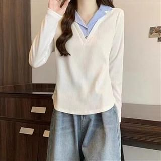 Everose-Long-Sleeve Collared Mock Two Piece Tee