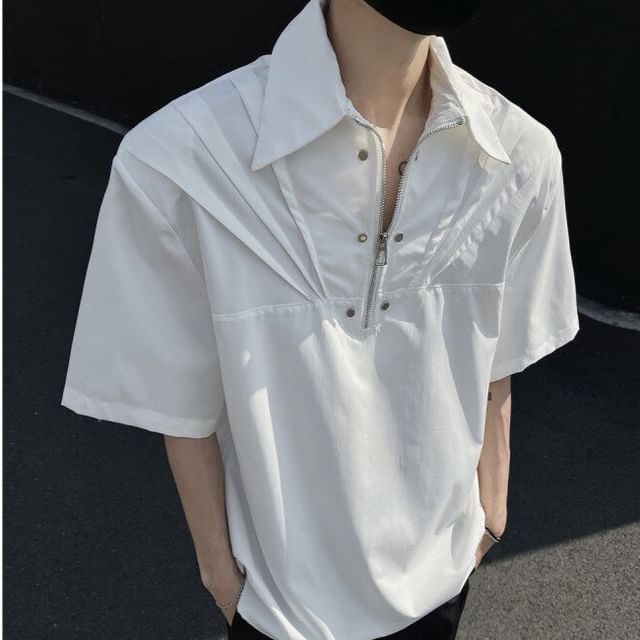 Drawouf-Elbow-Sleeve Studded Ruched Half-Zip Plain Shirt