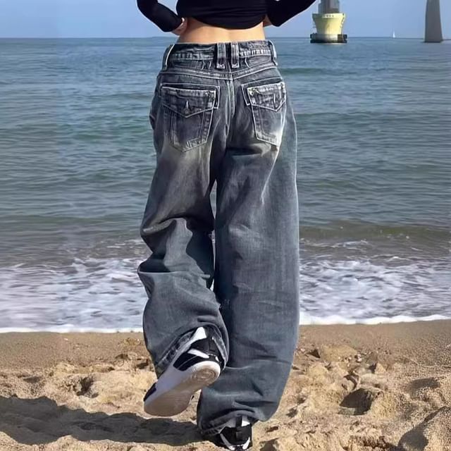 Jerolenea-Mid Waist Washed Wide Leg Jeans