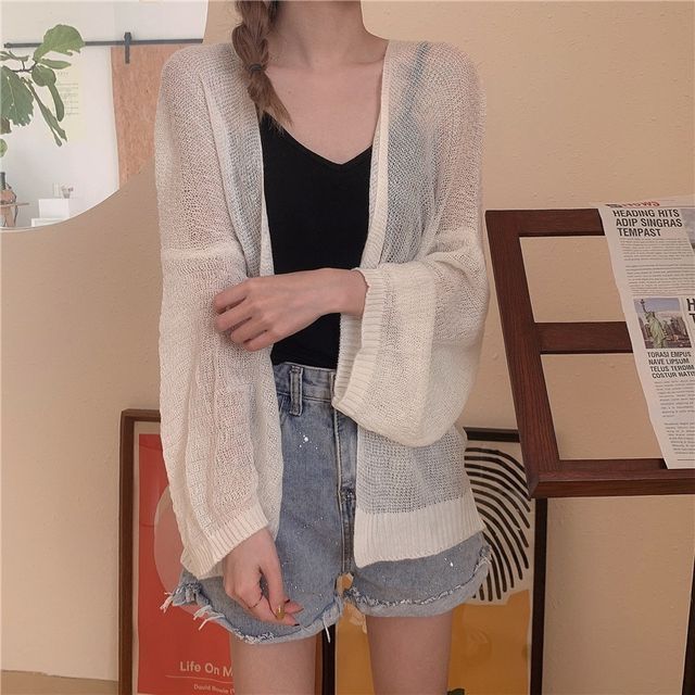 Women's Elegant White V Neck Back Halter Long Puff Sleeve Plain Blouse