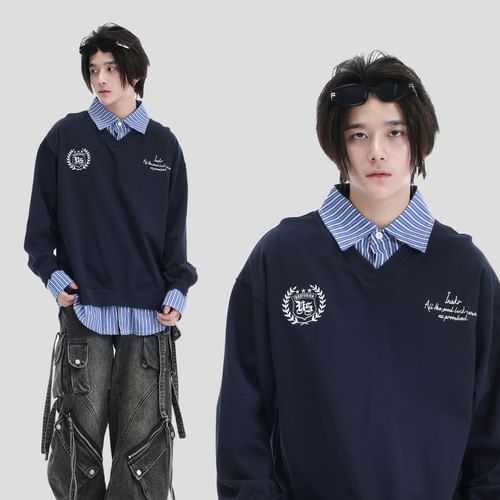 Banash - Couple Matching Mock Two-Piece Collared Lettering