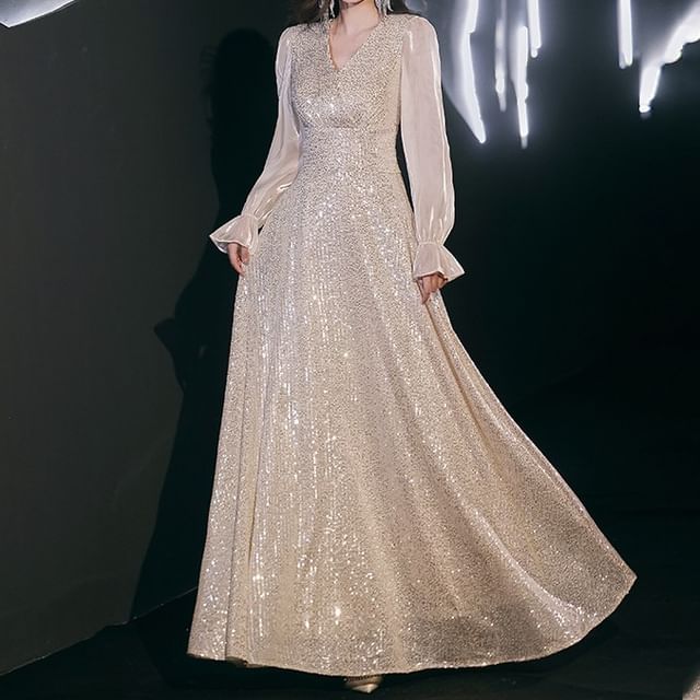 Fioridi-Long-Sleeve V-Neck Sequin A-Line Evening Gown