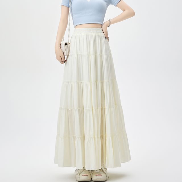 Shinsei-High Waist Plain Maxi A-Line Skirt