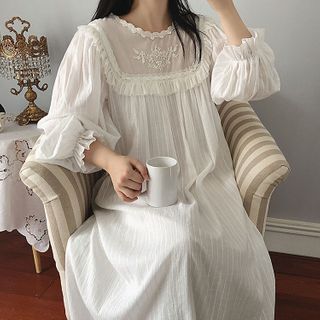Jilliana - Lace Trim Long-Sleeve Midi Sleep Dress | YesStyle