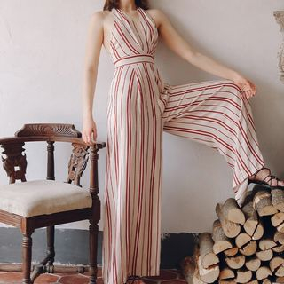 stripe halter wide leg jumpsuit