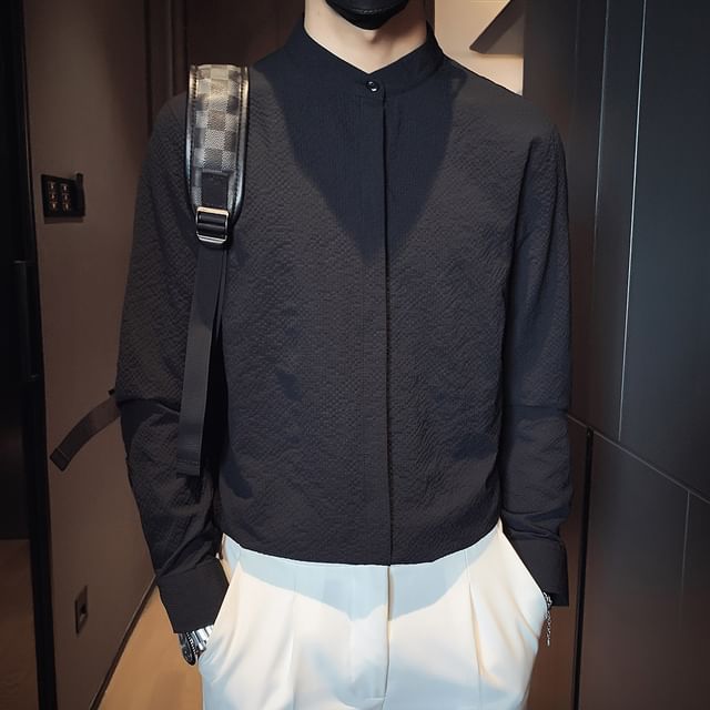 Zentrus-Long-Sleeve Plain Shirred Button-Up Shirt