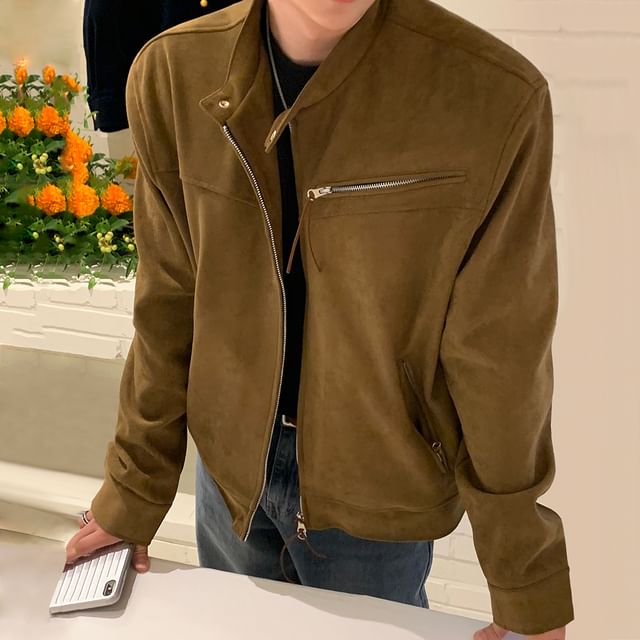 MRCYC-Band Collar Plain Faux Suede Zip Jacket