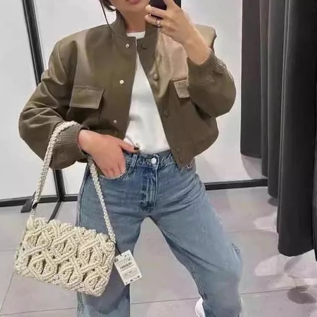 Sosana-Long Sleeve Plain Crop Bomber Jacket