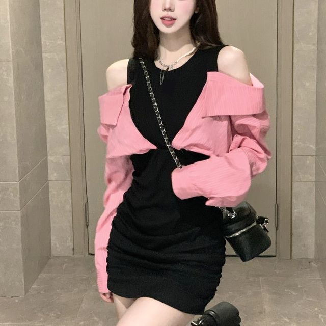 Strawolf - Mock Two-Piece Cold-Shoulder Long-Sleeve Two Tone Ruched Bodycon  Dress | YesStyle