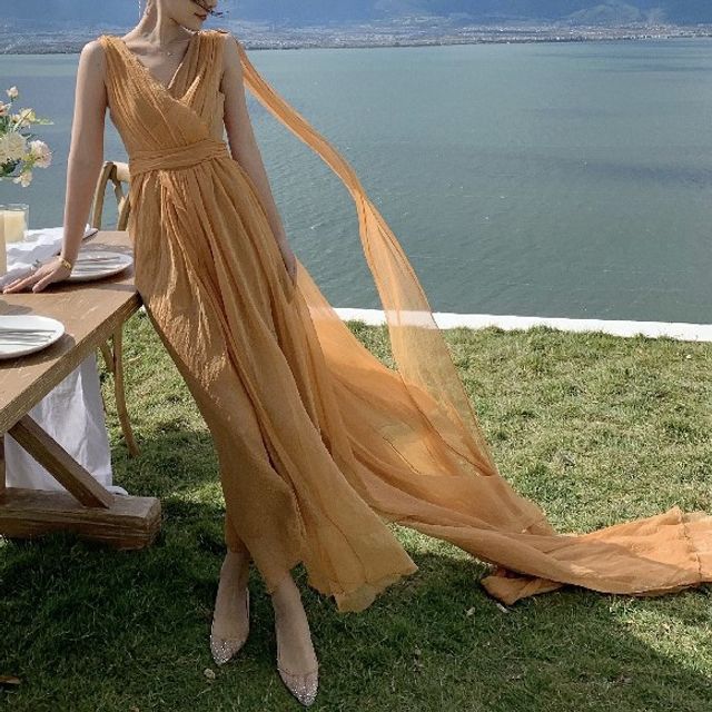chinese dress ladies Final Sale Plus Size Sleeveless Chiffon Chain Halter Neck Maxi Dress i –  Chic And Curvy main image 1