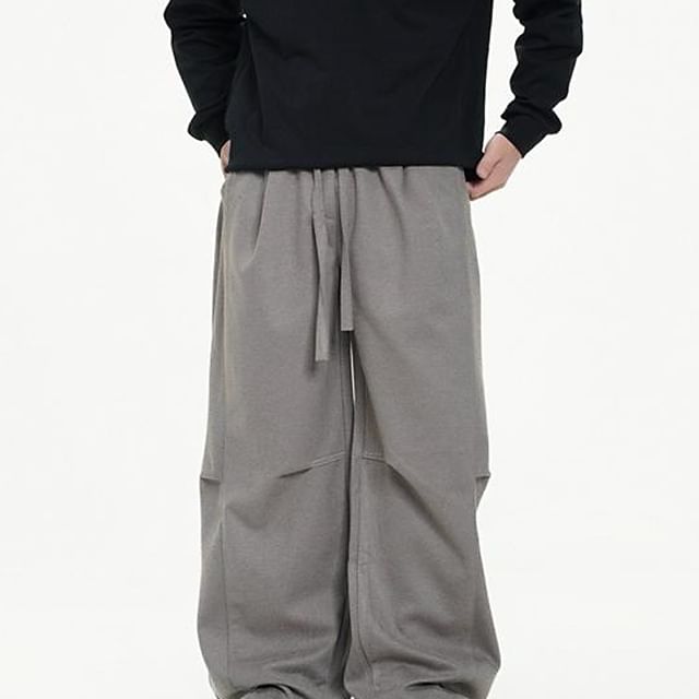 Adothuiastic-Drawstring Waist Plain Wide Leg Pants