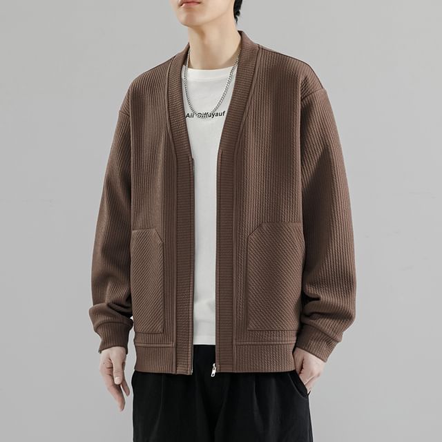 Bay Go Mall-V-Neck Zip-Up Plain Jacket