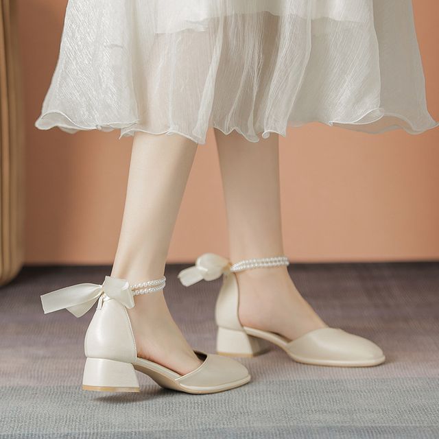 Fale Block Heel Faux Pearl Strap Sandals YesStyle