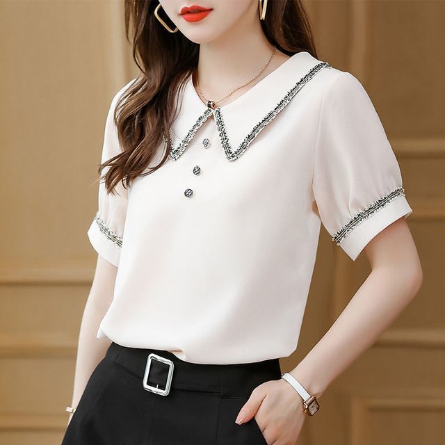 Everose-Puff-Sleeve Tweed Trim Blouse
