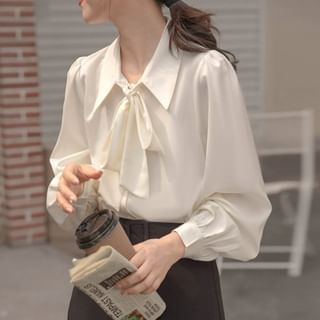 ISSOL-Long-Sleeve Tie-Neck Plain Shirt