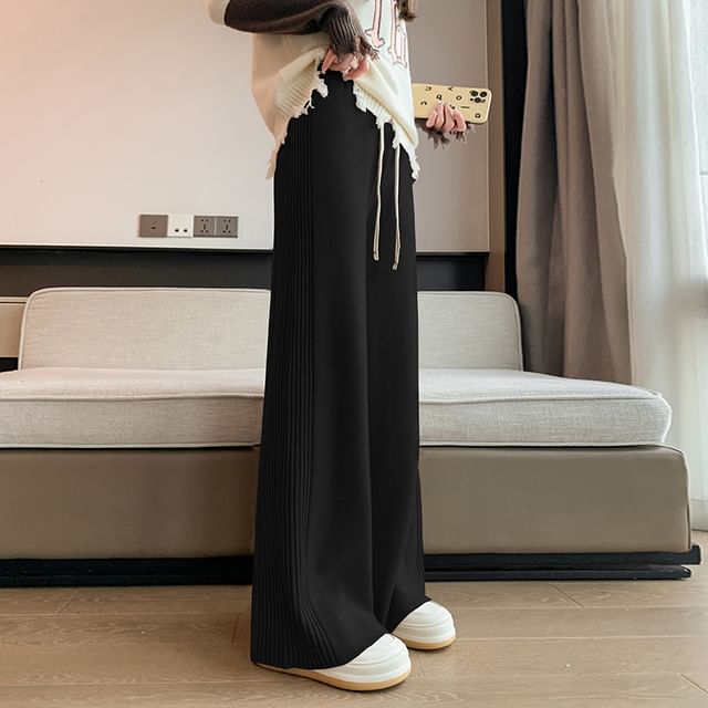 Dragan Pulse-Drawstring Waist Ribbed Knit Wide Leg Pants