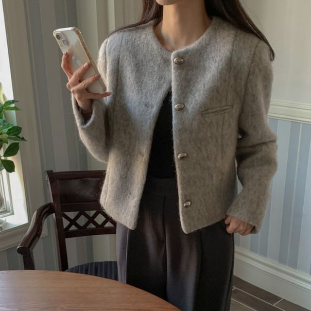 Jesong-Round Neck Plain Button Jacket