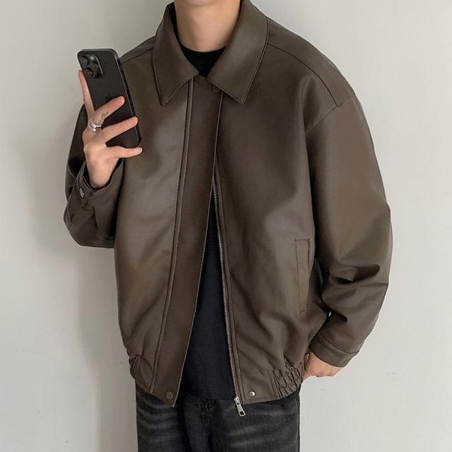 Orungeetun-Long-Sleeve Faux Leather Jacket