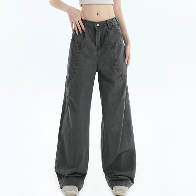 INStudio-Mid Rise Washed Wide Leg Jeans