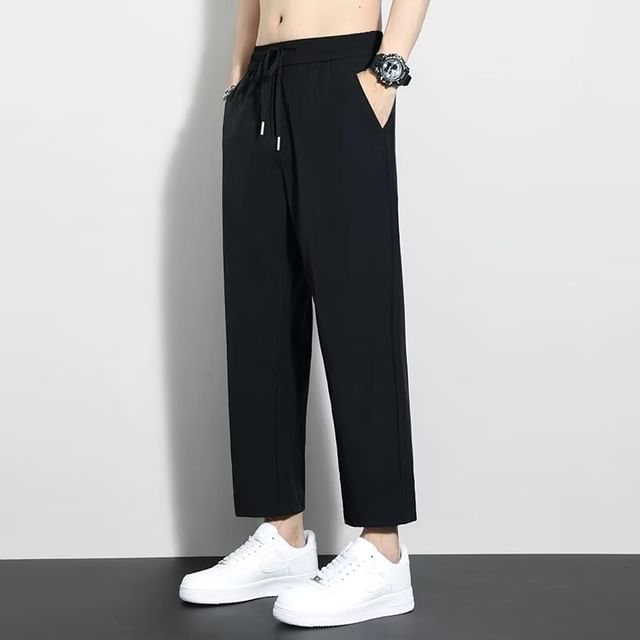 Lingaris-Drawstring Waist Plain Cropped Straight Leg Pants