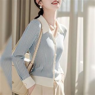 Everose-Collared Striped Contrast Trim Button-Up Cardigan