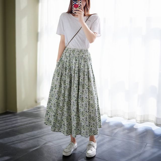 Eyeth High Waist Floral Print Midi A-Line Skirt YesStyle