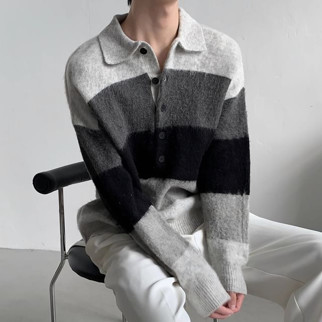 Savenne-Collared Color Block Half-Buttoned Sweater