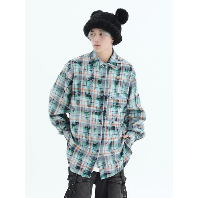 INStudio-Long-Sleeve Collared Plaid Oversized Button Up Shirt