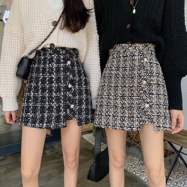 Sisyphi-High Waist Tweed Button Mini A-Line Skirt